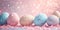 Pastel Easter eggs adorned with glitter, amidst a confetti shower, suggesting joy. Suited for vibrant, playful holiday