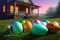 Pastel Easter Harmony: Easter Eggs Nestled in Bright Green Grass under a Soft Morning Light, Jack-o\\\'-Lantern Companion