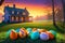 Pastel Easter Harmony: Easter Eggs Nestled in Bright Green Grass under a Soft Morning Light, Jack-o\\\'-Lantern Companion