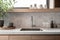 Pastel gray kitchen counter white marble with glasses and plants, AI generated