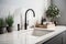 Pastel gray kitchen counter white marble with plants with copy space, AI generated