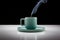 Pastel green colored coffee or tea cup with hot liquid, smoke and steam, black background