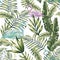 Pastel green jungle blue flamingo white background