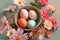 Pastel hued Easter eggs surrounded by fresh, colorful blooms