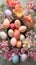 Pastel hued Easter eggs surrounded by fresh, colorful blooms