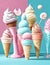 Pastel Ice Cream in Cones with Sprinkles and Lollipops Blue Rosa White Yellow