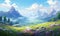 In the pastel landscape, an anime field comes to life with vibrant colors and enchanting details