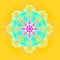 PASTEL MANDALA, CENTER PURPLE FLOWER, LIGHT YELLOW, LACE TEXTURE, GOLD PLANE BACKGROUND, TURQUOISE CIRCLE, RADIAL, LIGHT