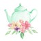 Pastel Mint Teapot Flowers Watercolor Foliage Afternoon Tea Floral Arrangement