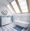 Pastel modern bathroom with big window 3d rendering