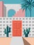 Pastel modern mid century building faced with red door and cactus coconut trees