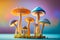 Pastel mushrooms flourish in an gradient background illustration. Trendy light orange, violet, blue colors mushrooms. Generative
