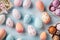 Pastel painted Easter eggs create delightful top view flat lay background