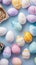 Pastel painted Easter eggs create delightful top view flat lay background