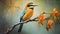 Pastel Painting Of Bird Perched On Branch With Orange Flowers