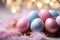 Pastel perfection Easter background with eggs, feathers, and glitter