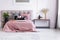 Pastel pink bedroom with plant