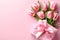 Pastel pink blooming bouquet of tulips flowers leaf flora with gift box of ribbon bow