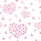 Pastel pink hearts with flying birds. Repeated pattern. Watercolor