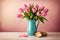 pastel pink monochromatic bouquet of tulips with petals on ground and some kind of bread for decor on a wooden surface and pink