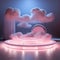 pastel pink neon glowing frame ring glow light podium stage, clouds background