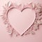 Pastel pink themed frame with leaves and pink heart,AI Generated