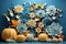 Pastel pumpkins and flowers Thanksgiving Halloween decoration on blue. Trendy modern pastel pumpkins and various flowers on table