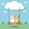 Pastel rabbits like egg shape with swing on blue sky background, Holiday illustration for greeting card of Happy Easterâ€™s Day.