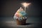 Pastel rainbow birthday cupcake with sparkler. Illustration AI Generative