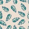 Pastel random seamless monstera leaves pattern. Abstract tropic foliage silhouettes in green tones. Light pink background