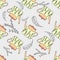 Pastel seamless pattern with cute teapots and leafy elements
