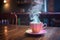 pastel smoke rising from a cup of hot beverage on a wooden table