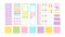 Pastel stickers flat vector illustrations set. Calendar and notebook items. Bookmarks and reminders, cute backdrops