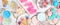 Pastel summer sweets table scene top view banner