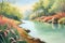 pastel watercolor landscape scene painting. trees, plants, flowers and river. serene art. calming and relaxing background