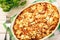 Pastitsio -greek casserole with pasta, meat, tomatoes and feta cheese.