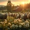 Pastoral beauty, sheep grazing harmoniously, creating a peaceful farm