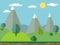 Pastoral landscape with mountains and trees. Summer outdoor meadow scene, vector illustration in flat and cartoon style.