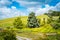 Pastoral rural landscape with overgrown lily pond at the sloped of lush green rolling hills.