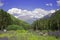 Pastoral view on mountains in valley near Elbrus