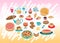 Pastries, food icons, pies, cakes and tea cookies, cake and sweets. Food symbols, menu for cafe. Vector cute cartoon