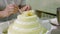 Pastry chef decorates a cake. The hands of the pastry chef decorate the cake