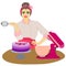pastry chef girl, baker holds whisk in her hands, cooked cake on platter is on the table and planetary mixer. Culinary master