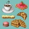 Pastry with coffee clipart. color sketch of sweet breakfast isolated. drawn sweet pastries with coffee cup. vintage