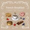 Pastry and coffee vector illustration with curly frame on beige background. coffee cup and french desserts vintage