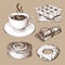 Pastry with coffee vintage clipart. engraved style sketch of sweet breakfast isolated. drawn sweet pastry with coffee