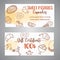 Pastry gift voucher. Bakery horizontal banners with pastries. Sweet pastry, cupcakes, dessert posters with chocolate