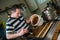 Pastry in his workshop preparing Chocolate Yule logs