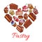 Pastry label in shape of heart with sweets icons