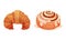 Pastry products for bakery menu set. Croissant, cinnamon roll delicious bakery assortment vector illustration